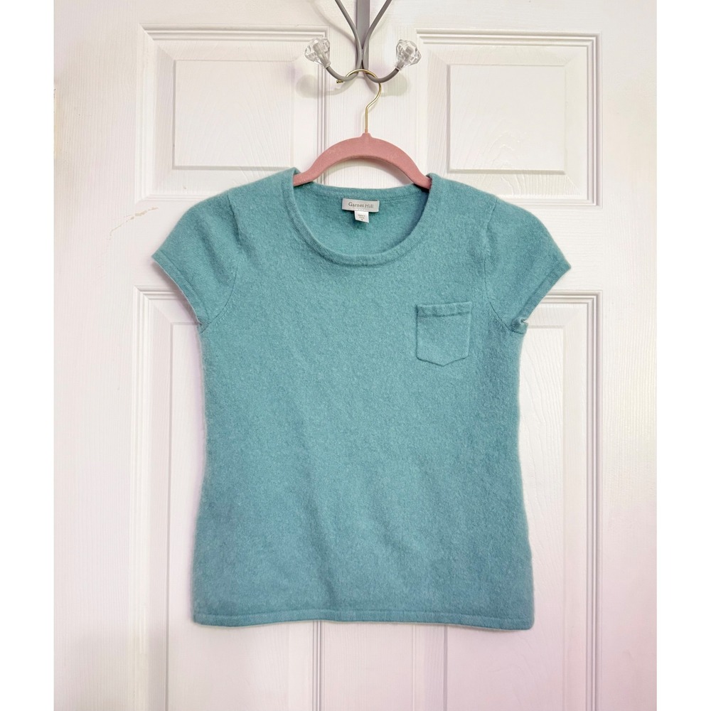 Garnet Hill Teal Blue 100% Cashmere Short Sleeve Crewneck Pocket Sweater Small